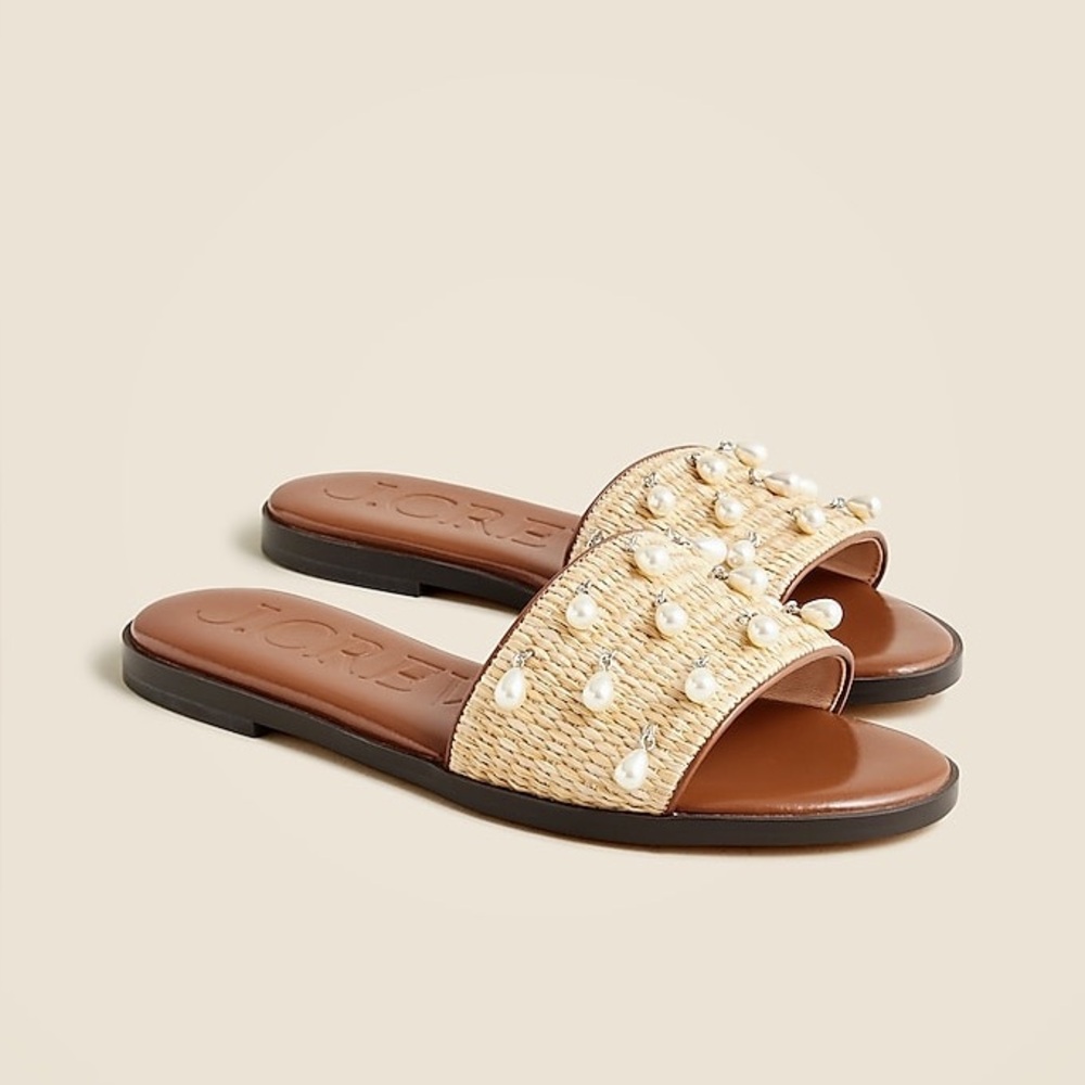 J.‎ Crew Georgina woven faux-raffia sandals with pearls Slides Size 8 BX906